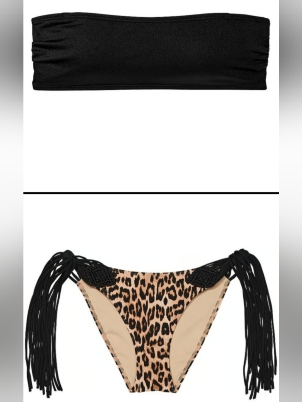 L/L VS Archives Swim Bandeau Bikini Top Macrame Fringe Cheeky Bikini Set Leopard